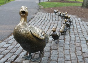 "Make way for Ducklings" statue showing ducks in a row