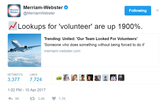 Tweet from Merriam-Webster about the word volunteer